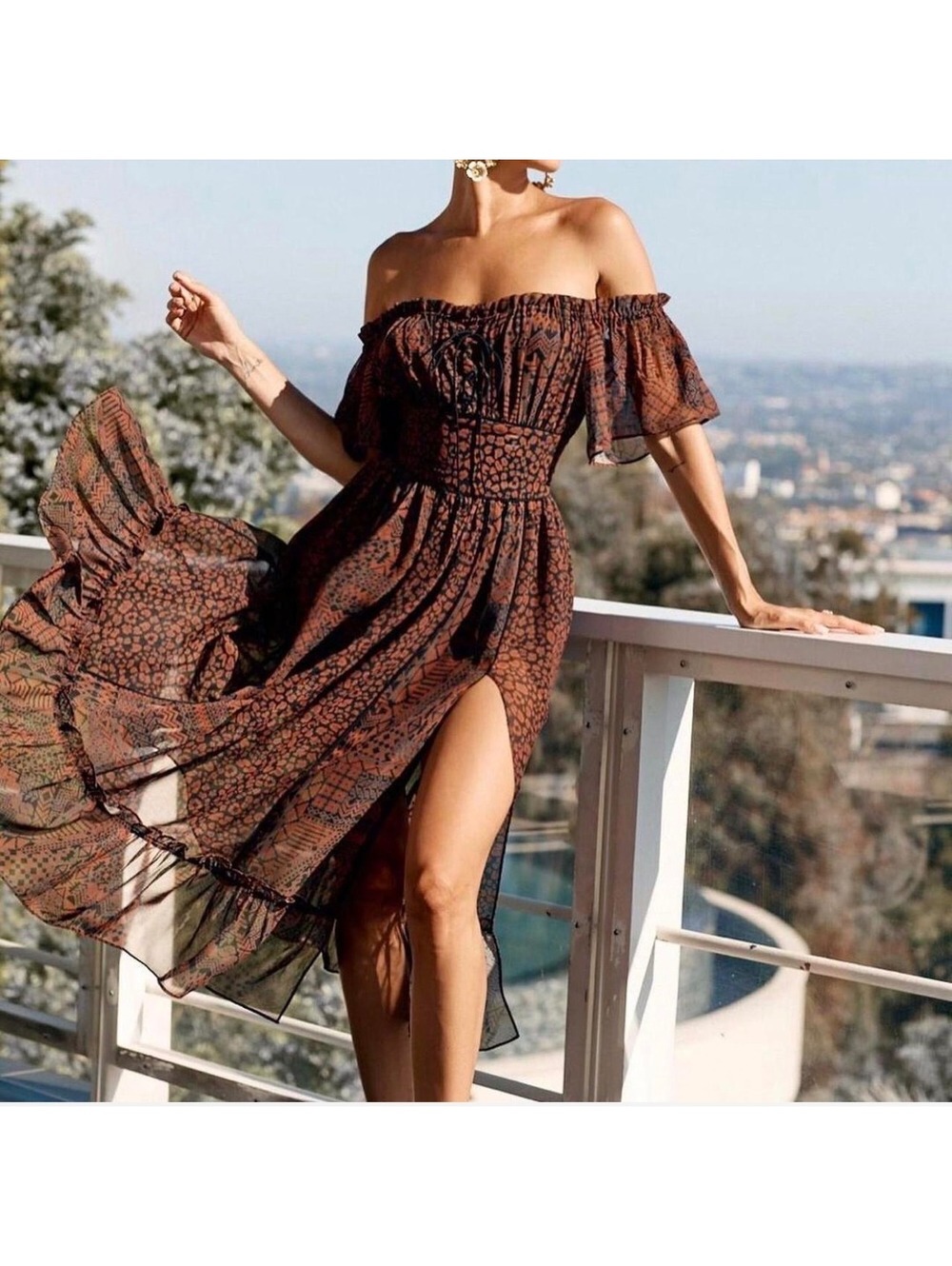 NWT INSPR by Nicole Williams Mixed Print Midi Dress XS Boho Off Shoulder Dress